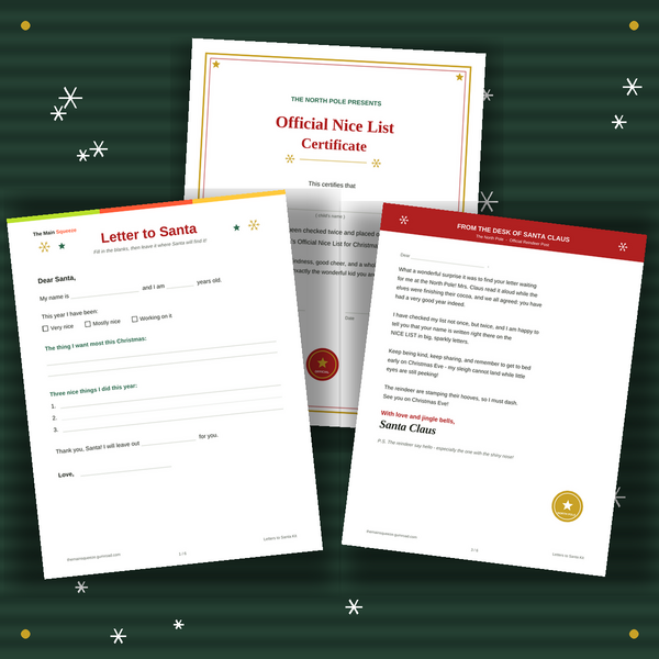 Letters to Santa Kit — Christmas Printables for Kids (Letter, Reply, Nice List Certificate)
